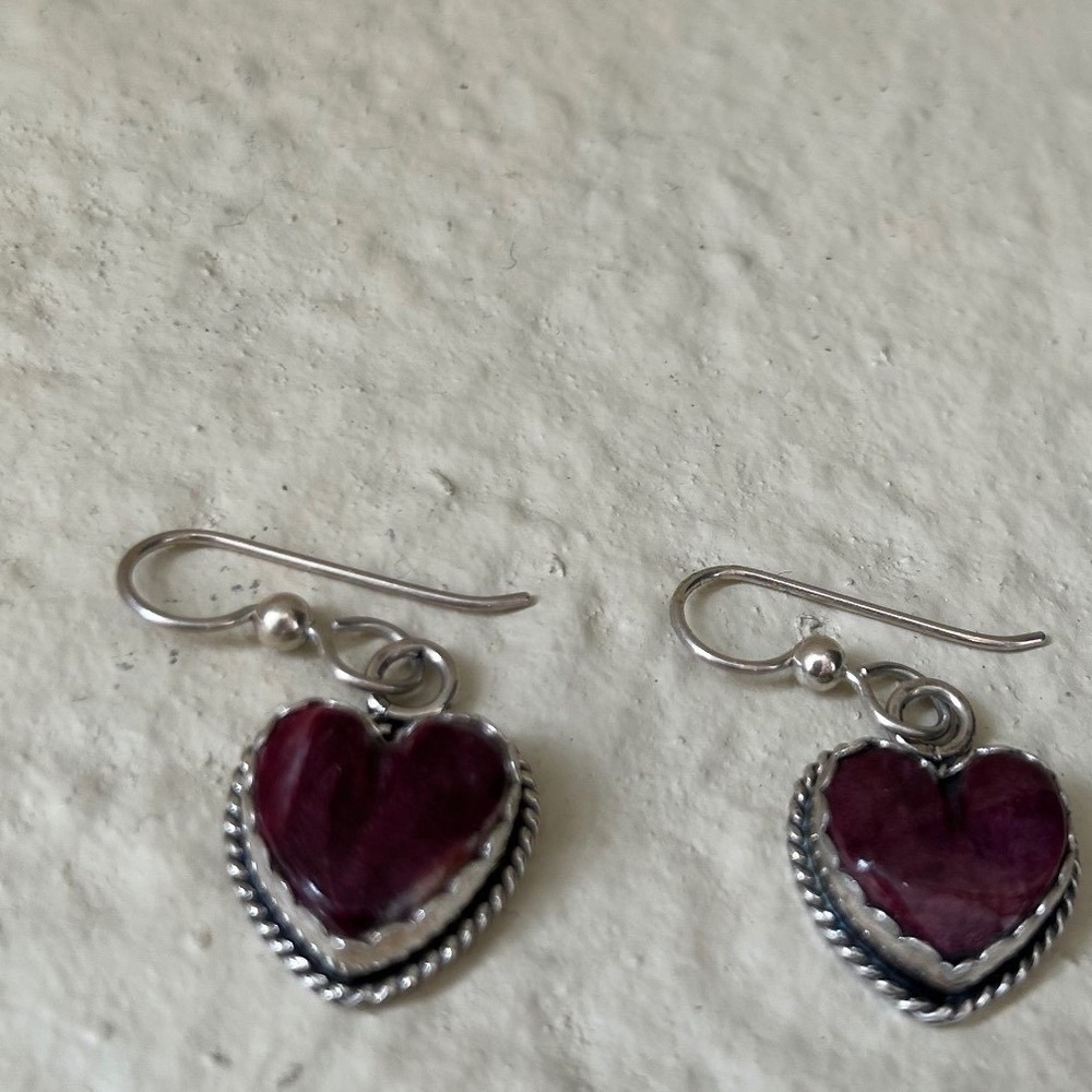 Joan Slifka Sterling Silver Plum Carved Heart Dangle Earrings Signed Hallmarked - Picture 10 of 10